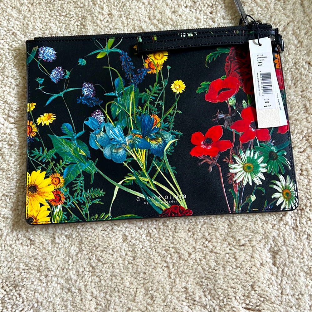 NWT Alice + Olivia UNIQUE Black with Flowers Envelope Clutch Purse 8x12